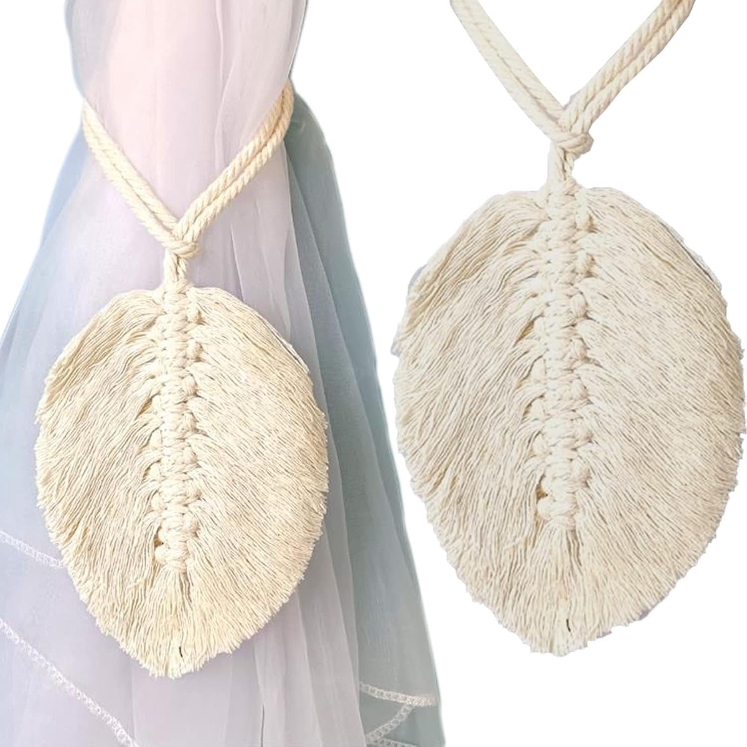 2x Macramé Gordijn Tiebacks - Boho Katoen met Bladkwastjes - Beige