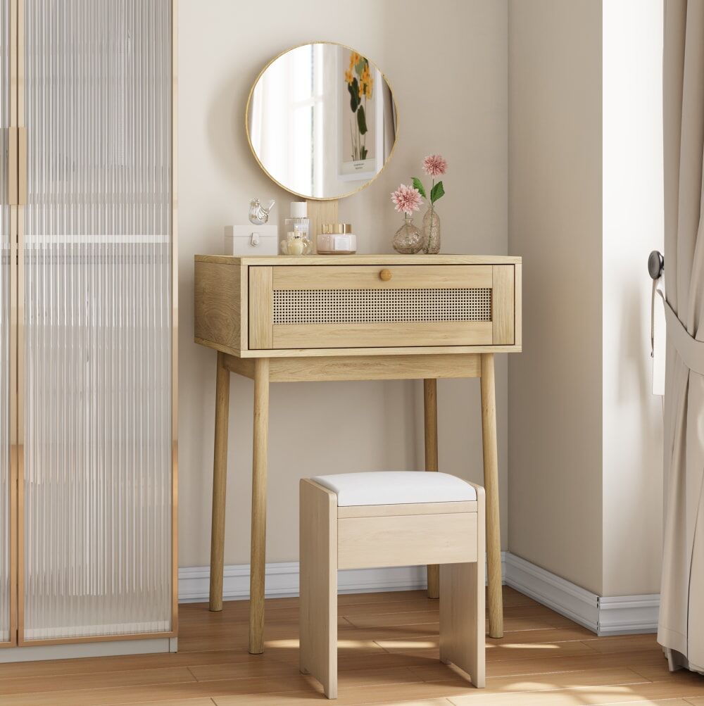 Hauss Spole Coiffeuse avec miroir coloris chêne en panneaux de particules Beige 60x128x50cm