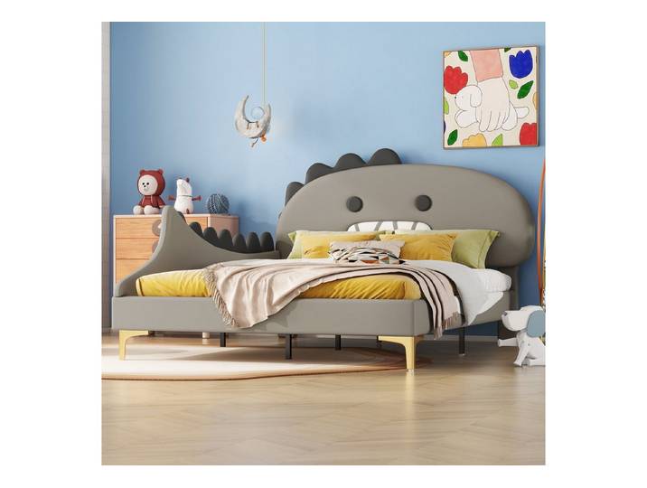 Flieks Polsterbett, Kinderbett 140x200cm mit Cartoon Dinosaurier Form Kopfteil Kunstleder