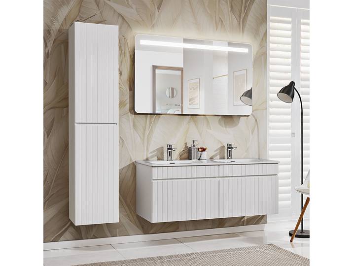 Ensemble meuble double vasque encastrée 120cm et colonne Zelie Blanc