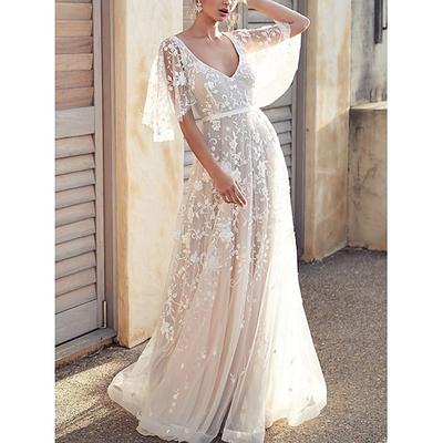 Hochzeitskleid für Damen mit V-Ausschnitt, kurzen Ärmeln, floraler Spitzenapplikation, elegantes bodenlanges Brautkleid, weißes, ätherisches, transparentes Overlay, Frühling, Sommer, Zeremonie