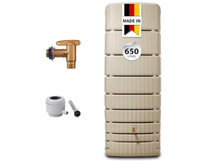 4rain Slim Kit Récupérateur d’Eau de Pluie Mural 650 L Sable avec Robinet Effet Laiton et Collecteur Eco Gris