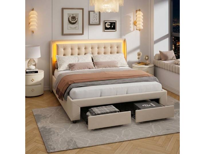 Lit coffre 140x190 - RWUDV - LED -Lit Coffre avec Rangement-litcoffre 140x190 coffre-Lit 140x190 avec sommier à lattes-Velours Beige