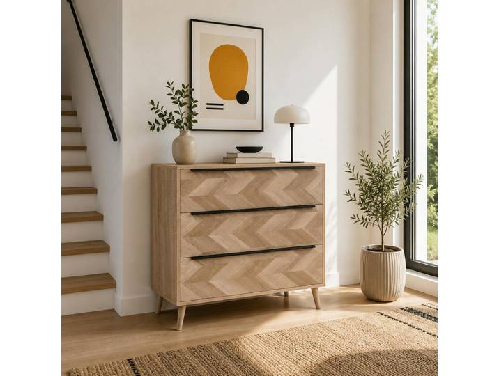 Commode 3 Tiroirs Décor Bois Motif Chevron Alva