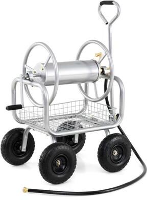 Costway Garden Hose Reel Cart 300 Feet Large Capacity with 4 Wheels and Storage Basket-Silver