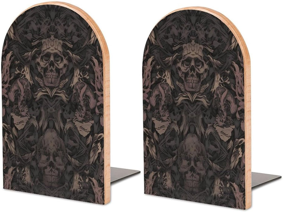 Houten Boekensteunen met Gothic Schedel - Massief Hout en IJzer - Hoogte: 17 cm