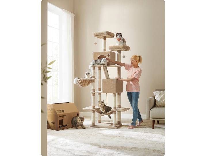 Feandrea Kratzbaum 206 cm, XXL, mit 13 Kratzsäulen, 2 Plattformen kamelbraun