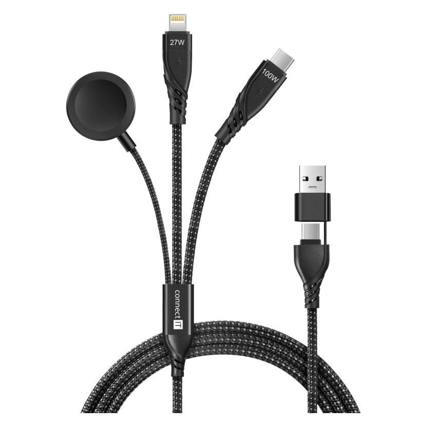 Connect IT Wirez 6in1 1x USB-C 1x Lightning 1x Watch charger 1,25 m ČERNÝ (1.25 m) (CCA-2300-BK)