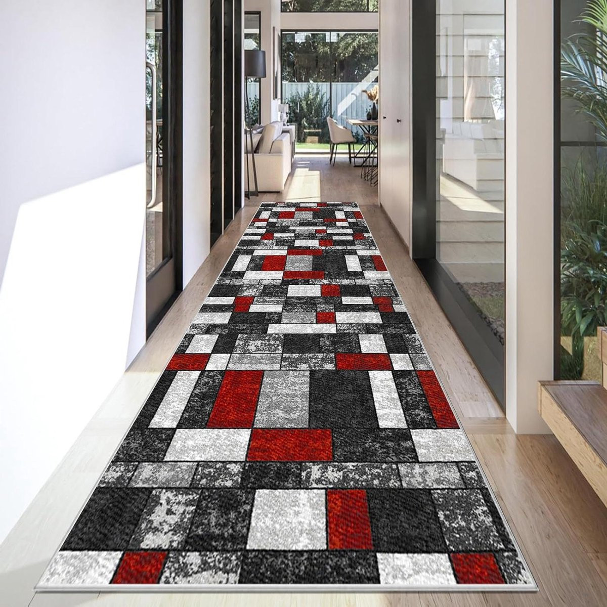 Geometrisch Grijs Keukentapijt Loper - Machinewasbaar Antislip - 80 x 200 cm