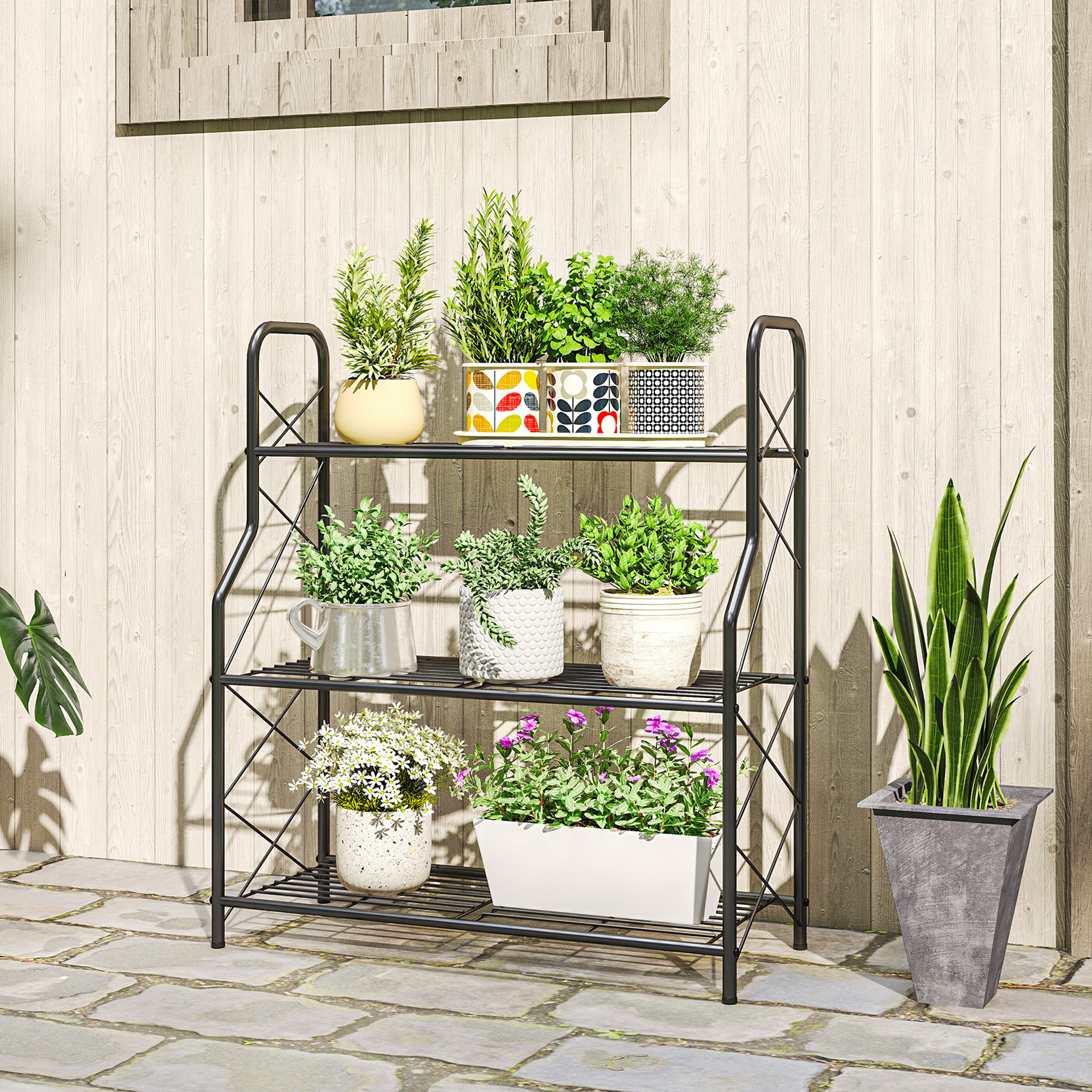 Outsunny Portapiante a 3 Livelli per Interni ed Esterni in Metallo, 69x28.5x78 cm, Nero   Aosom Italy