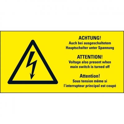 Aufkleber I Warn-Kombischild Auch bei ausgeschaltetem..., RoHS konform, 3-spr., Folie, 148x74mm, ASR A1.3, DIN EN ISO 7010 W012