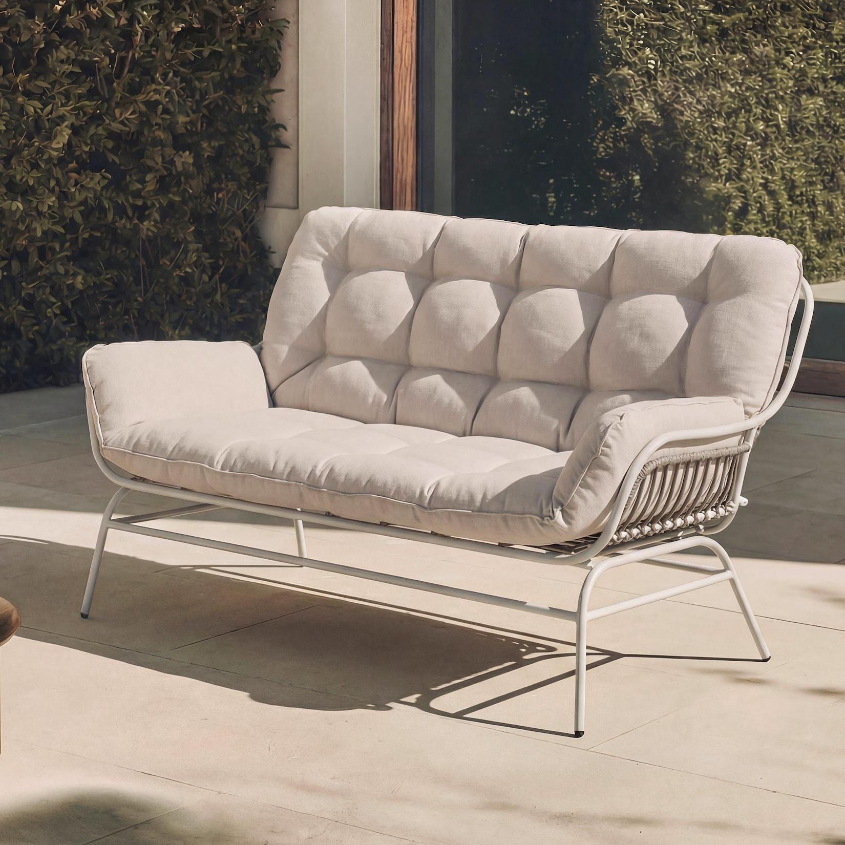 2er-Sofa MCW-P75, Gartensofa Gartenbank Couch 2-Sitzer, Stoff 220g/m² Poly-Rattan Metall ~ hellgrau, Polster beige