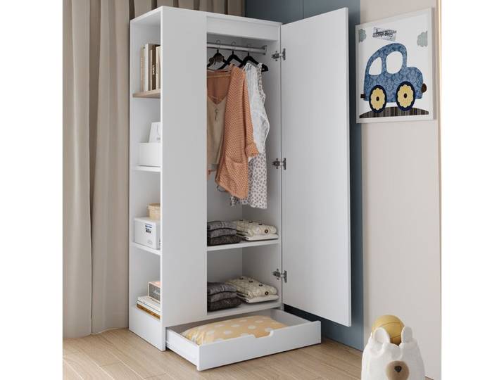 MEULVA Armoire 70x40x170 cm 1 porte penderie étagères et tiroir blanche