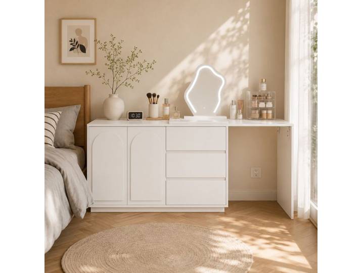 Commode maquillage avec miroir LED et table de table extensible Table cosmétique cosmopolite avec éclairage 3 couleurs Blanc