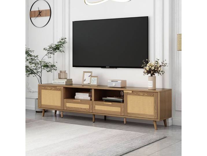 Meuble TV - SOGEU - Design rotin - 200x37x49 cm - rotin synthétique - pieds bois massif