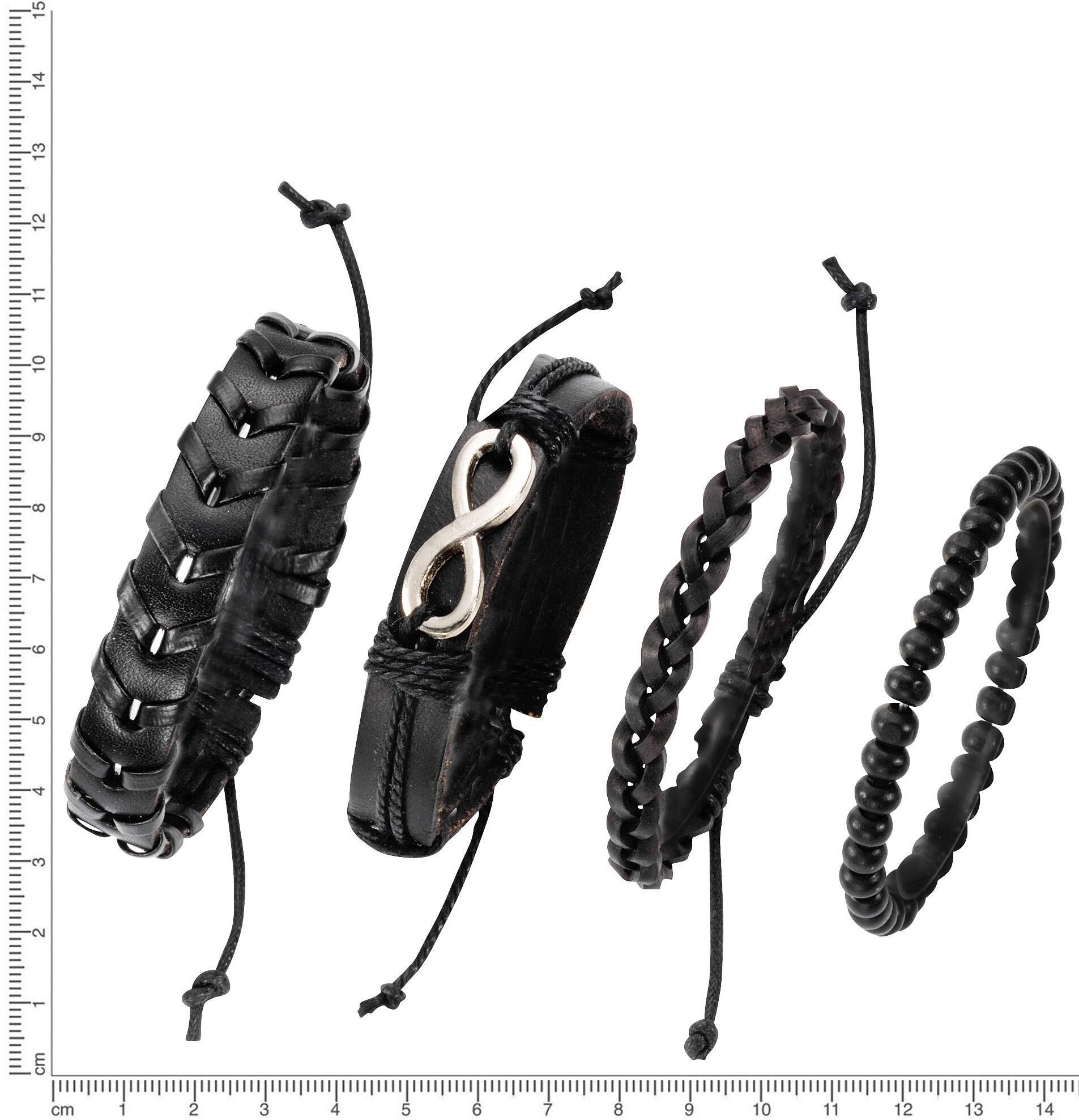 Armband Set FIRETTI "Infinity/Unendlichkeitsschleife", schwarz (metallfarben, schwarz), Armbänder, Herren, Leder Metall Textil, Leder, Metall, Textil, Armband Set, mit Holzperlen metallfarben, schwarz Leder Metall Textil