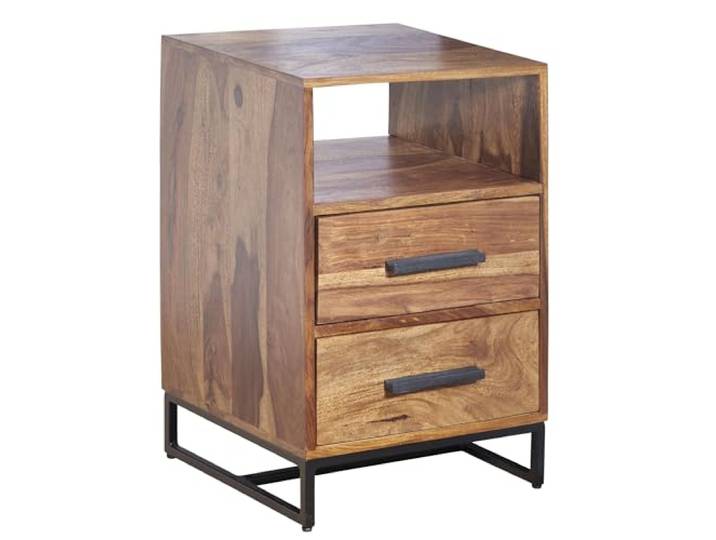 WOHNLING Nachttisch 40x35x66 cm Sheesham Massivholz mit 2 Schubladen Nachtkommode für Boxspringbett, Nachtschrank Industrial mit Metallgestell, handgefertigtes Unikat, Nachtkonsole Braun