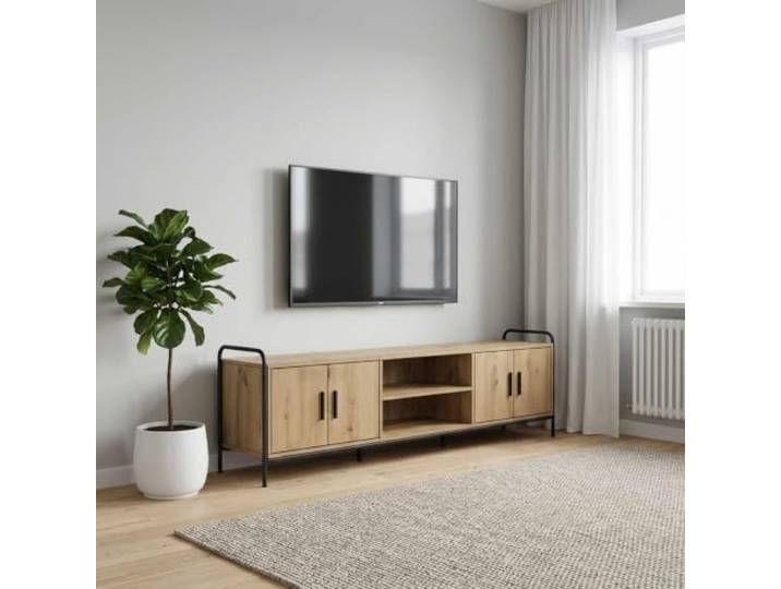 Favemtsl TV-Schrank Lowboard 167,5x33x50 cm Artisan-Eiche Standregal fürs Wohnzimmer mit Kippschutz, Fächern und stabilem Stahlgestell für Receiver oder Konsolen.