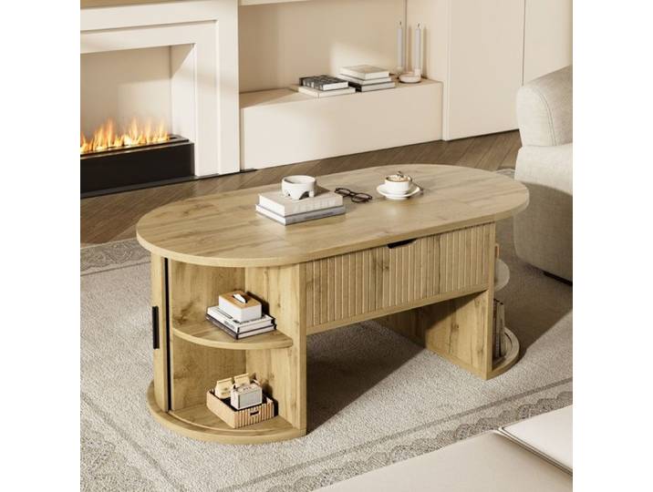 Table Basse Relevable - 100x50x40.5cm - Table Basse avec Plateau Relevable Coffre Caché & 2 Portes Coulissantes - Bois Naturel