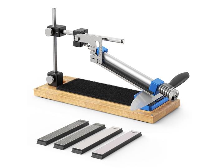 Affûteur de couteaux fixe de cuisine, affûteur professionnel 4 pierres pour tous les couteaux de cuisine et d'extérieur, Base en bois antidérapante