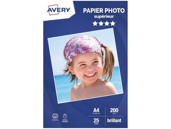 Avery C9434-15 25 feuilles de papier photo brillant A4 200g/m² jet d'encre AVERY - 25 feuilles de papier photo 200g/m² brillant. Format A4. Impression jet d'encre.