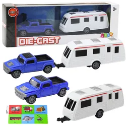 Set aus Metallauto mit Wohnwagenanhänger Blau