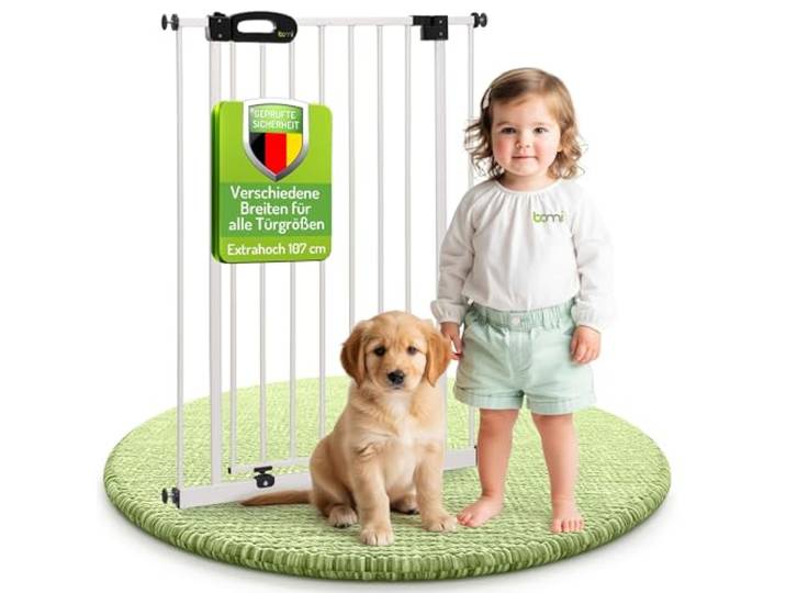 BOMI Schutzgitter Merle Hoch 107 cm Ohne Bohren Schließt automatisch Kindergitter Metall-Türschutzgitter weiß ohne Bohren Automatisches Schließen des Türgitters Breite: 143-151 cm