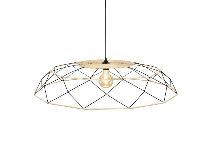 Suspension grand modèle en métal noir et rotin naturel
