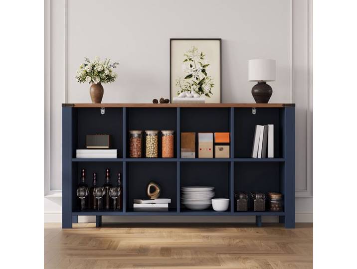 Buffet bas 140x34x75 cm avec 8 compartiments de rangement étagères ouvertes meuble cuisine salon salle à manger MDF bleu