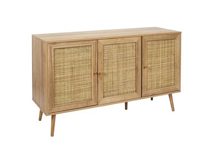 HOME DECO FACTORY 3-Türiges Holz-Sideboard Bali-Stil Aufbewahrung Beige Sideboard aus Holz, 3-türig, im Bali-Stil, Aufbewahrungsmöglichkeit für Wohn-/Esszimmer, robust, beige oder cremefarben.