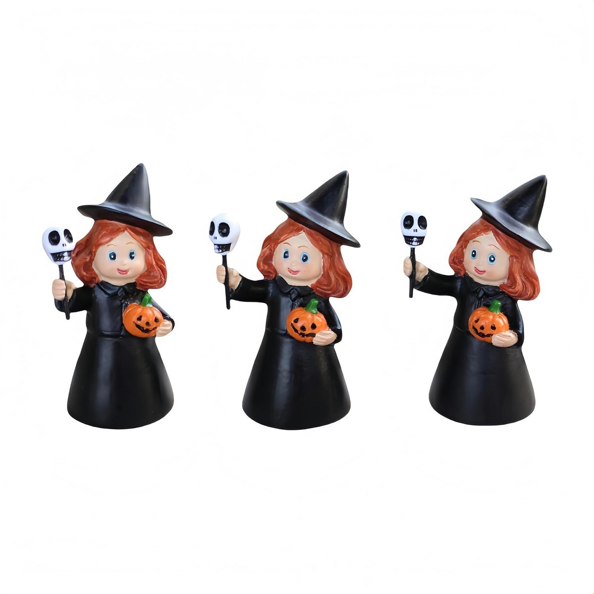 Set van 3 handgeschilderde zwarte heksenbeeldjes voor Halloween decoratie