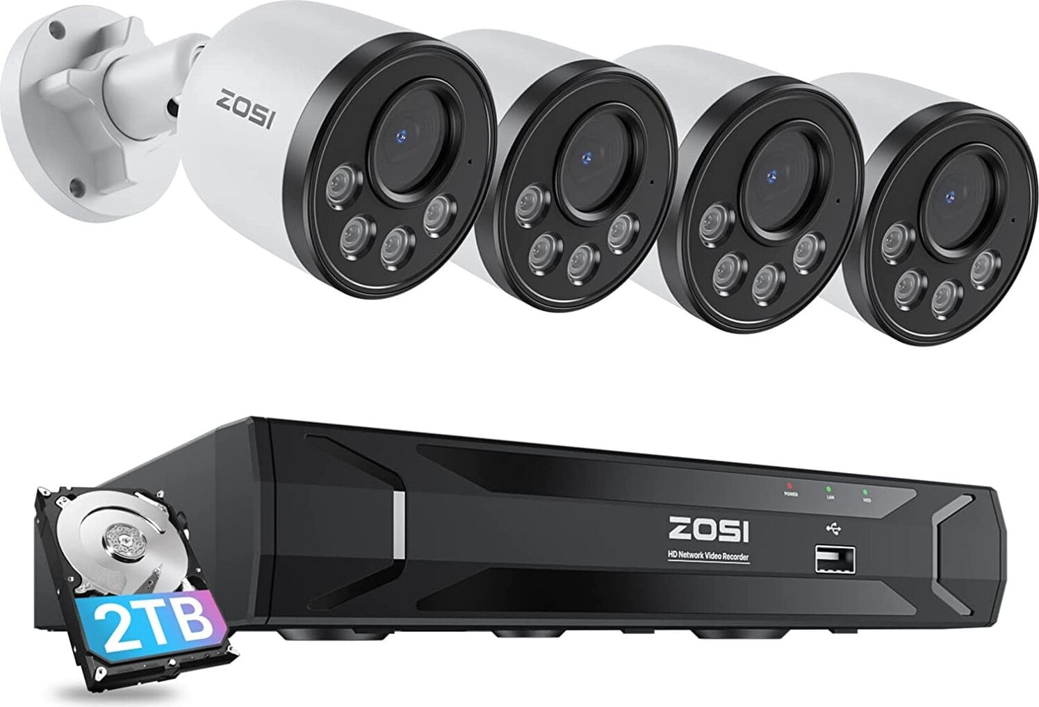 ZOSI PoE bewakingscamerasysteem voor buiten met 4x 4MP camera's, 8-kanaals NVR, 2TB HDD en personenherkenning