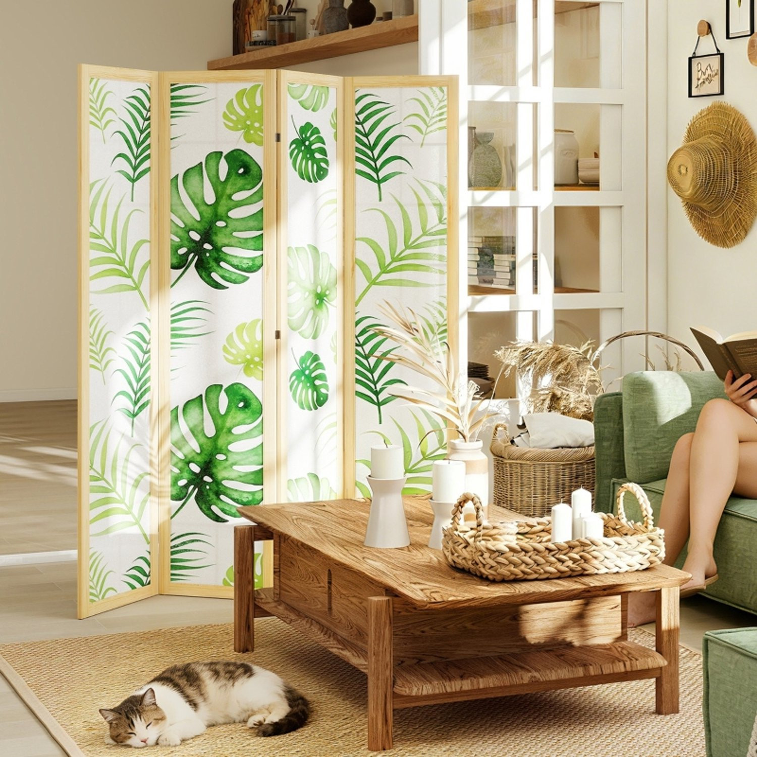 WUVRIE 4-delig opvouwbaar kamerscherm met palmbladmotief - Naturel - B/D/H: 160 x 170 cm