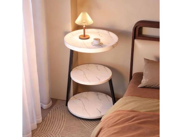 Runder Beistelltisch aus Massivholz mit 3 Ebenen und Offenen Ablagen Petite table basse compacte avec trois niveaux de rangement ouvert pour salon, chambre, canapé, lit et petits espaces