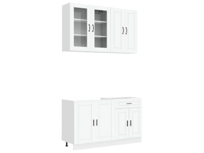 Favemtsl Küchenzeile 4-teilig Porto Küchenschrank Set Weiß Holzwerkstoff Kompaktes Schrank-Set für die Einbauküche: Mit Glaselement, Schublade und verstellbaren Füßen für Bodenunebenheiten.
