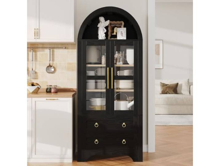 Schwarz Bogen Vitrinenschrank Highboard, Glas-Doppeltüren Goldgriffe Gewölbter Küchenschrank mit verstellbaren Böden, 2 Schubladen & offenem Fach, 180cm Vitrinenschrank Wohnzimmer