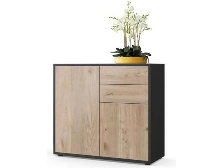 Vladon Commode Buffet Ben Corps en Noir mat - Façades en Chêne Nordique