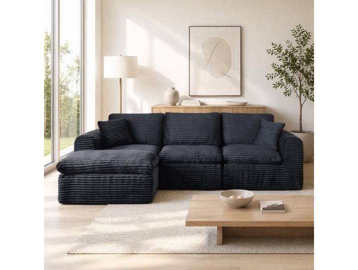 WOVREO Canapé modulable 3 places en L convertible lit d'appoint corduroy noir et bleu