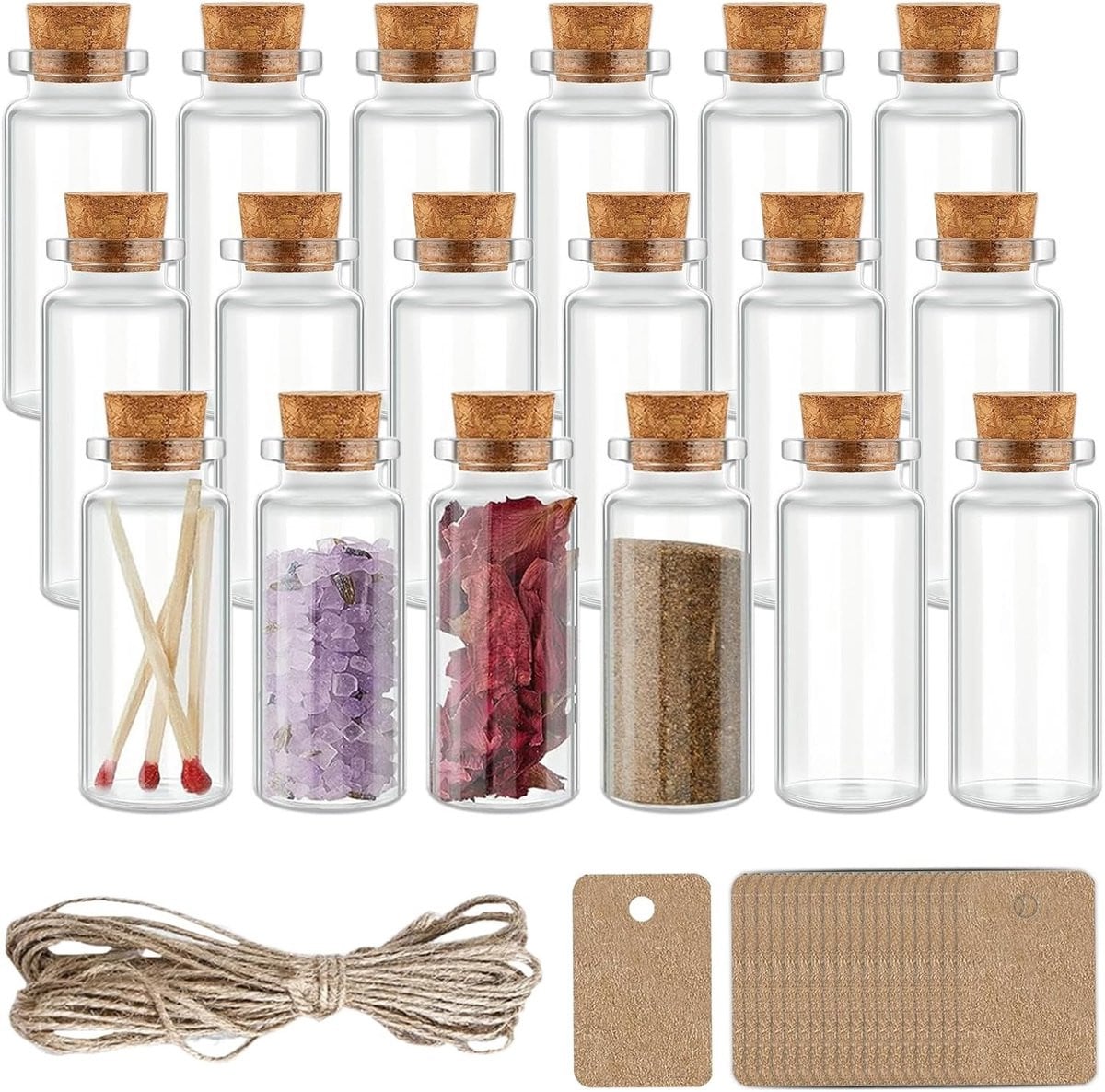 Set van 18 Mini Glazen Flessen met Kurk en Touwlabel van 40ml voor Decoratie en DIY Cadeaus