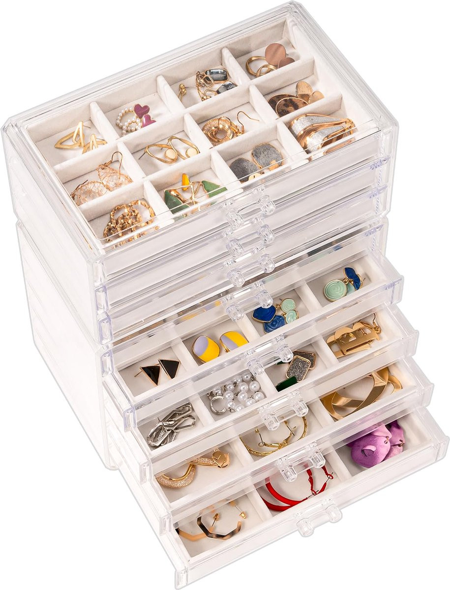 Acryl Oorbel Organisator Sieraden Organizer Box met 8 Lades en Verstelbare Fluwelen Trays, Helder, Warmwit