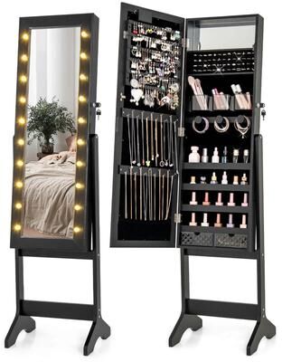 Lockable Jewelry Armoire Stand Jewelry Cabinet w/ Full Length Mirror