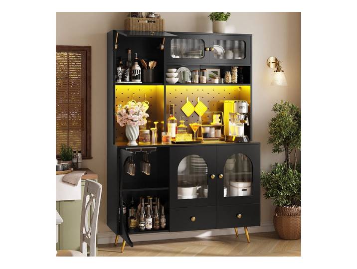 TavilaEcon Küchenbuffet Hoher Küchenschrank, modernes Sideboard mit LED-Beleuchtung (1-St) für Küche & Wohnzimmer, Schwarz/ Weiß