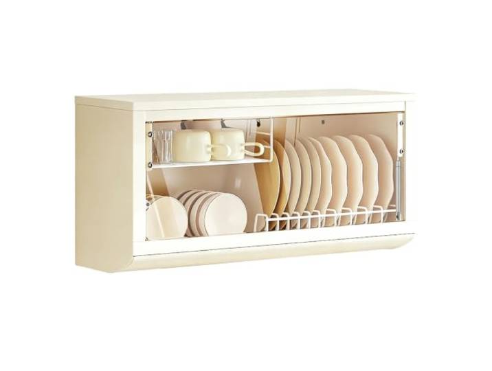 LXRHLIKG Küchenschrank Hängend, „Push-to-Open“-Tür, Abtropfschale Geschirrschrank zur Wandmontage, Kohlenstoffstahl, Gehärtetes Glas, Geschirrablage; für Küche/Wohnzimmer(White,60.5cm/24in)