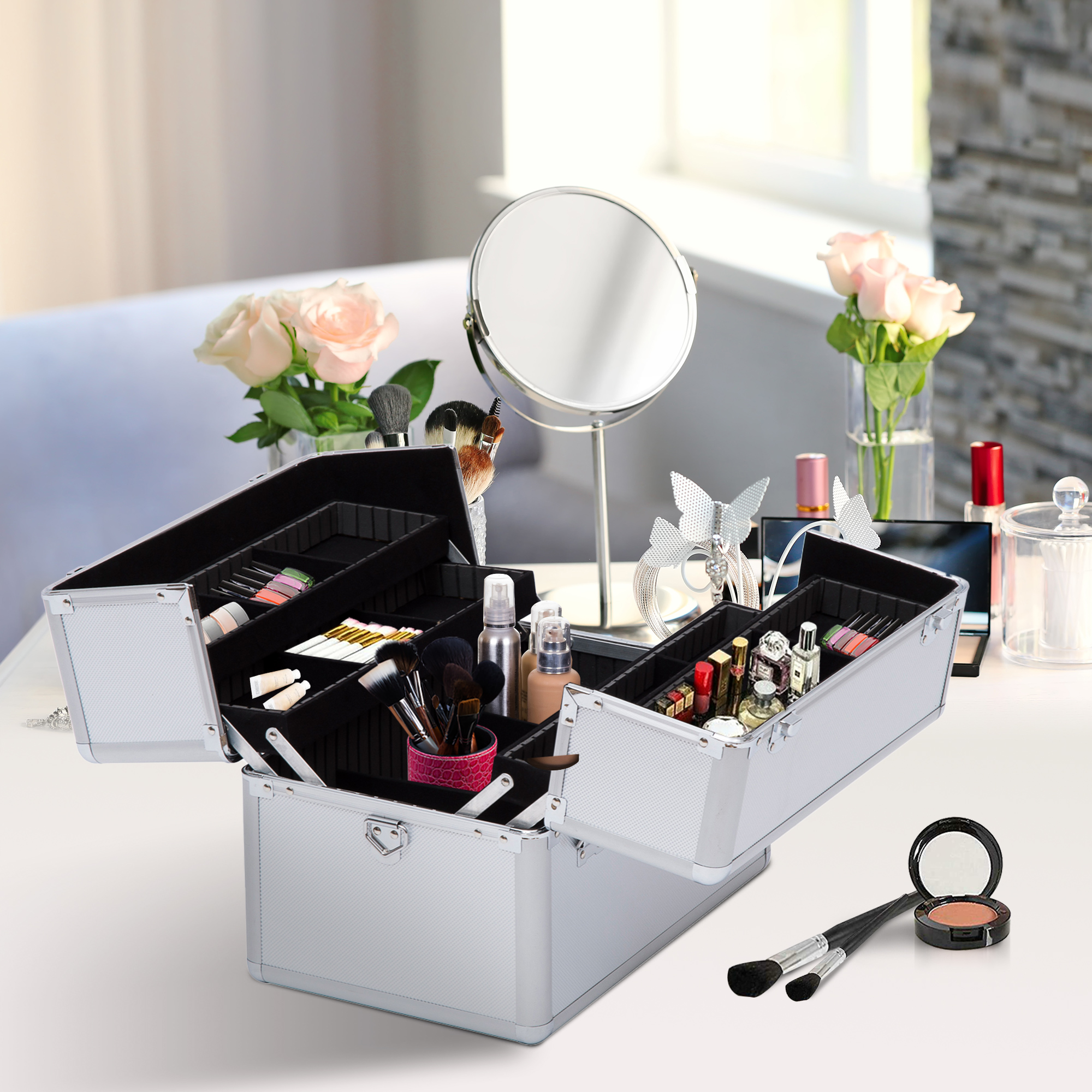 Homcom Valigetta Porta Trucchi a 3 Livelli con 2 Serrature, in Alluminio, MDF ed EVA, 36.5x24x29 cm, Argento