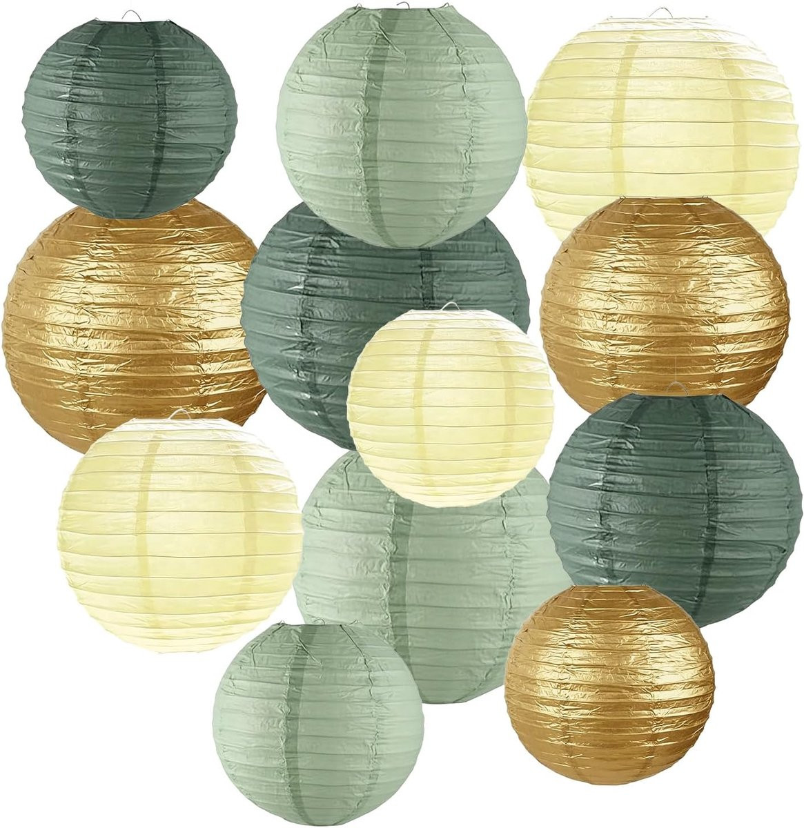 Set van 12 opvouwbare papieren lampionnen in 4 kleuren, saliegroen, herbruikbare bolvormige decoraties voor bruiloften en tuinfeesten