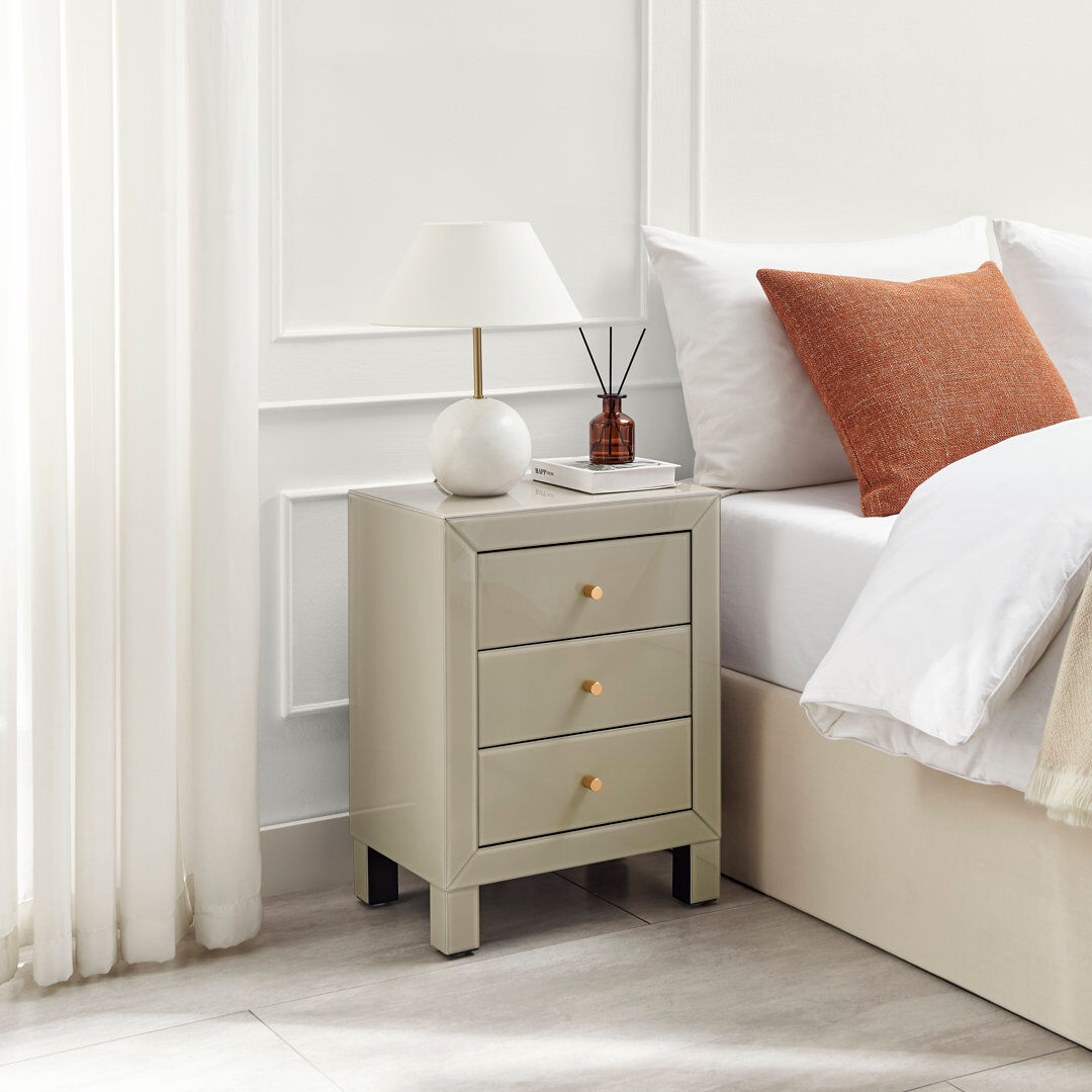 Latitude Run Mackynsie Mirrored Bedside Cabinet With 3 Drawers - Modern Luxury Bedside Table Nightstand Taupe 60cm H X 45cm W X 30cm D
