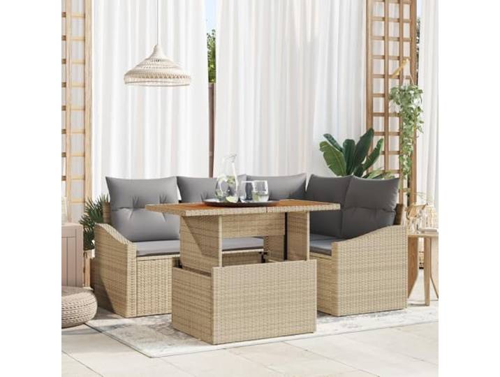HEFZGDB 5-teiliges Garten Esszimmer Set mit Kissen Beige Poly-Rattan Akazie, Modernes Outdoor Möbel Set für Terrasse Balkon Garten, Komfortable Sitzgruppe mit Stauraum