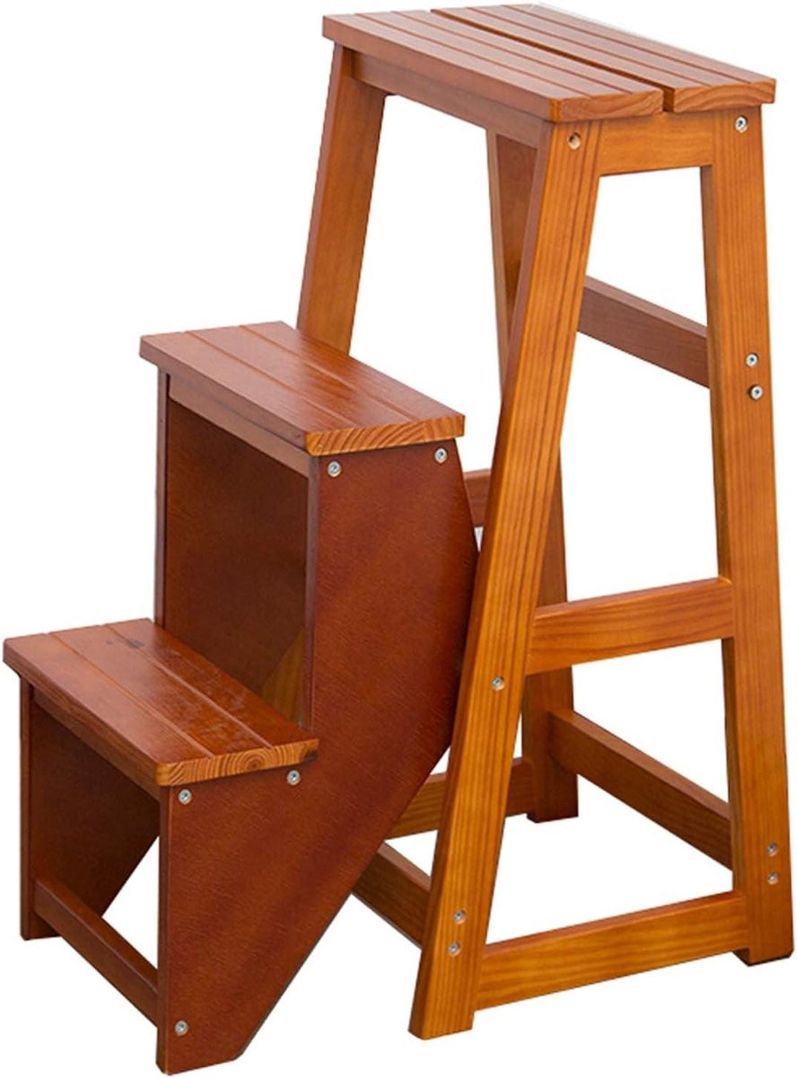 Merkloze houten trapladder - Opvouwbare trapkruk met 3 treden - Natuurlijk massief hout