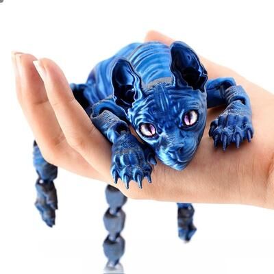 Inspired Living 3D Printed Sphynx Cat Articulated Figurine Realistic Hairless Cat Fidget & Desk Decor blue