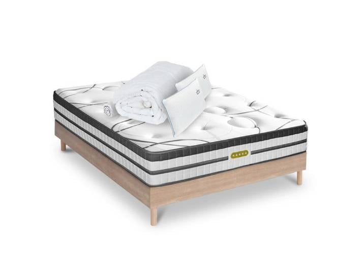 Ensemble Concorde 160x200 cm + sommier bois + accessoires - Ressorts + mémoire - Ép. 26 cm